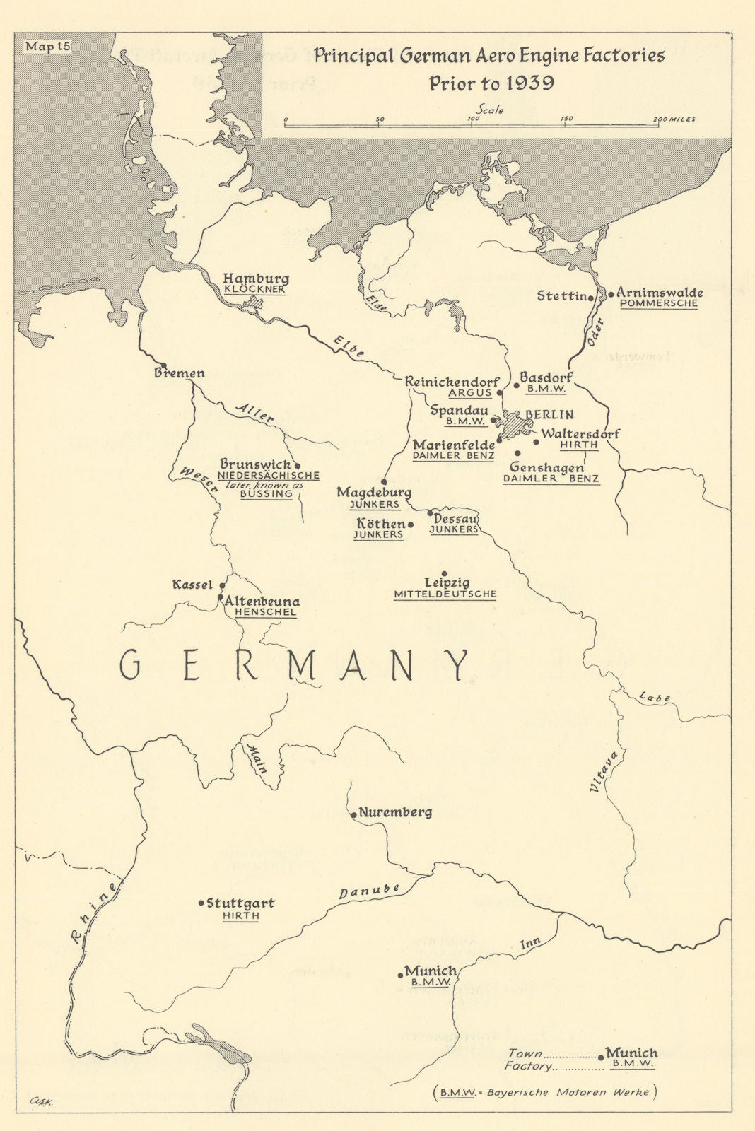Main German aero-engine factories prior to 1939. World War Two 1961 old map